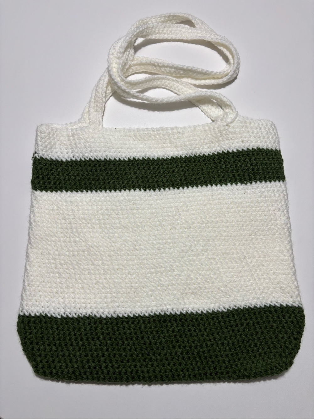 Handmade Green & White Stripe Cotton Crochet Tote Bag
